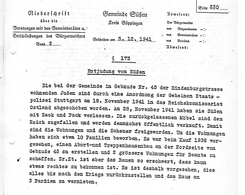 Municipal council minutes, Gemeinde Süßen, §173, 5 December 1941